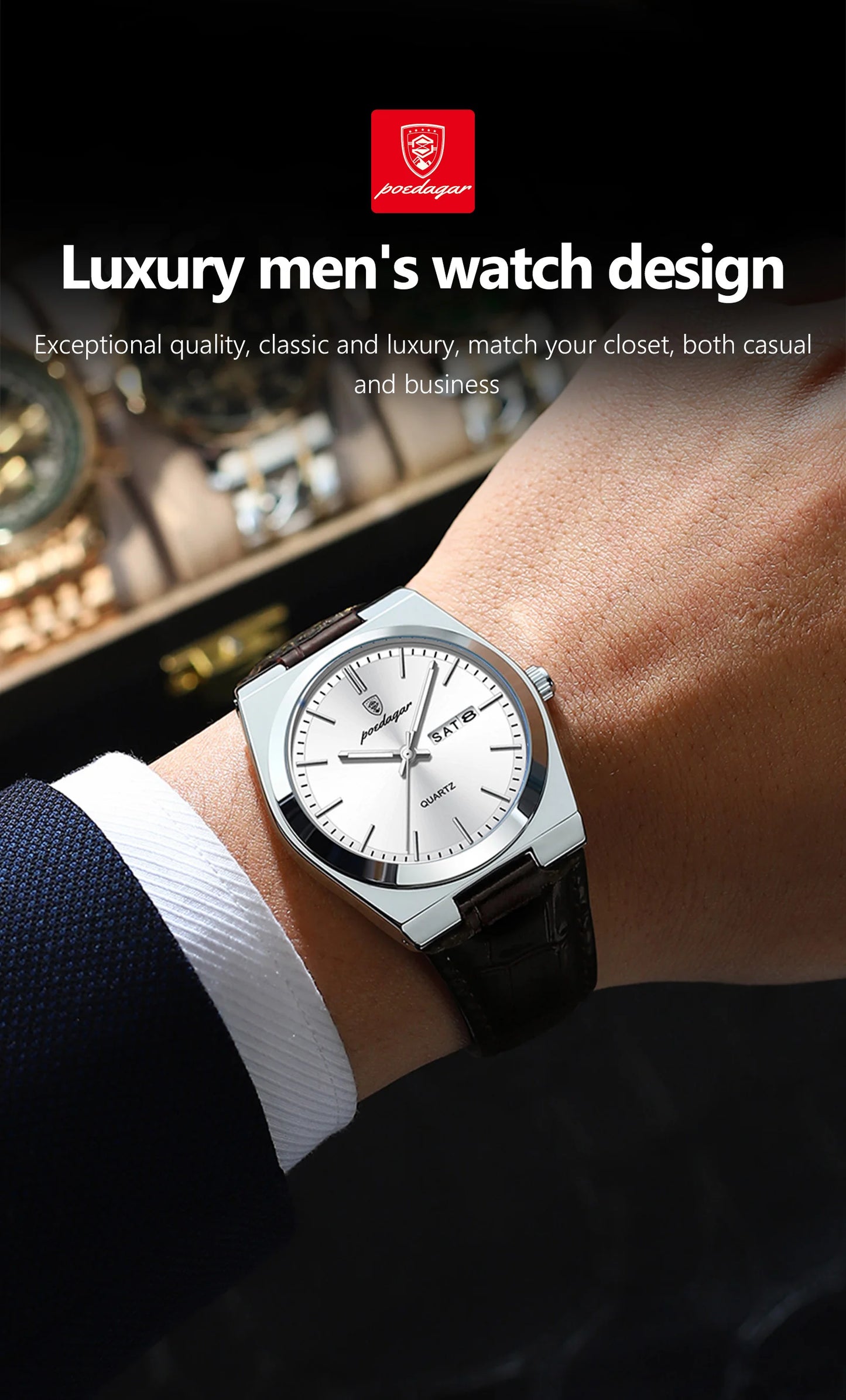 Full Calendar Leather Watch – Luminous Dial with Date, Week & Classic Buckle