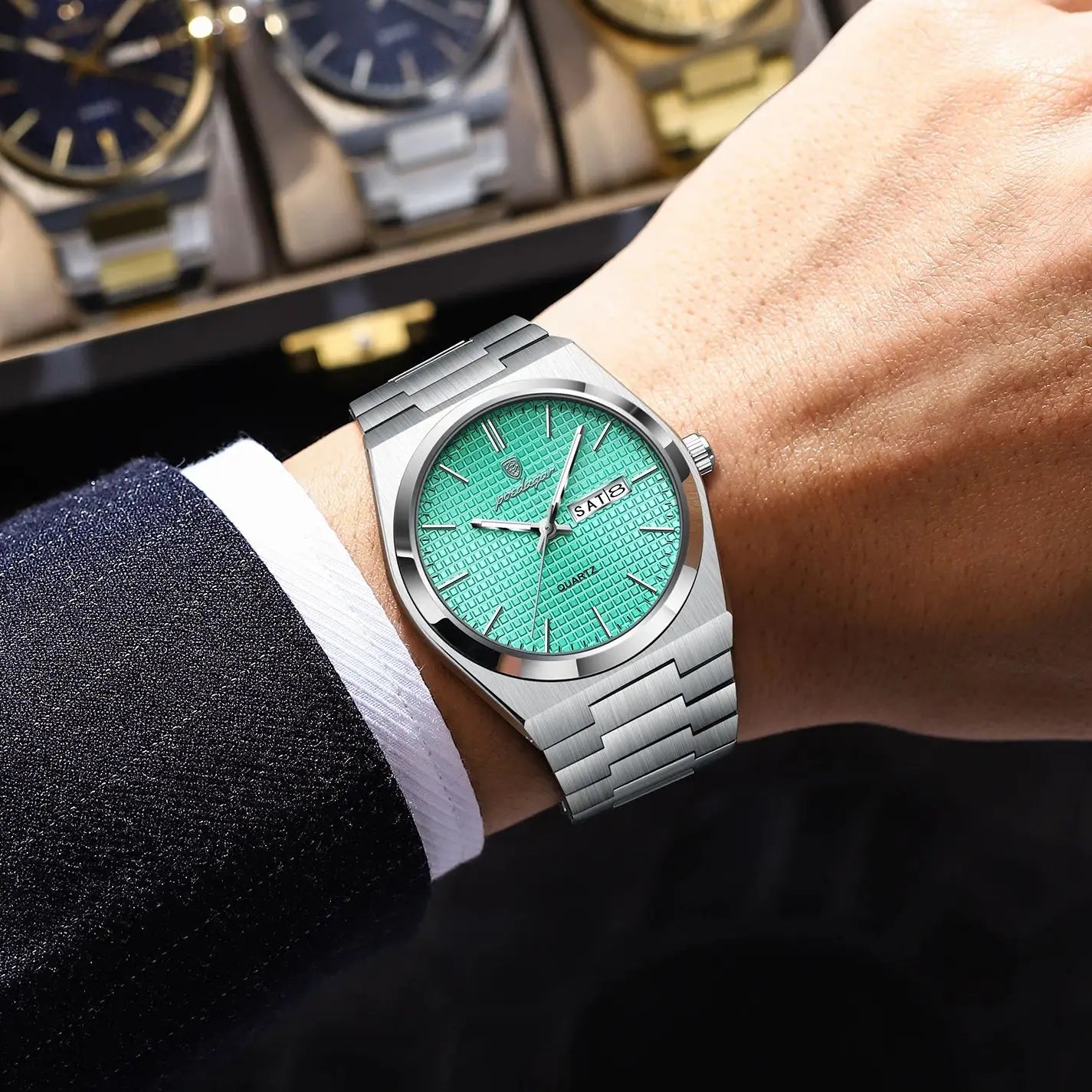 Full Calendar Stainless Steel Watch – Luminous Dial with Hidden Clasp Bracelet