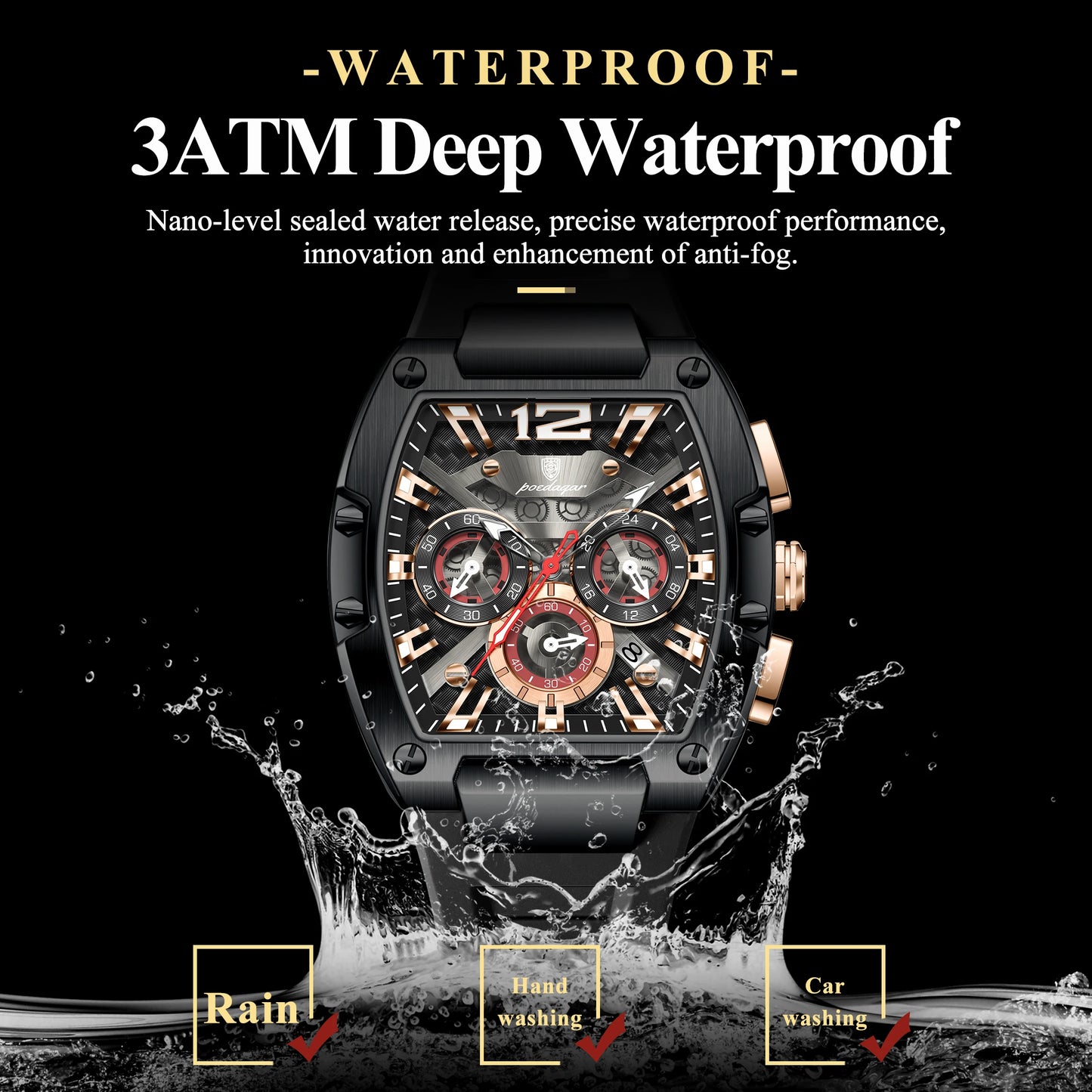 Tonneau Chronograph Watch – Roman Numeral Dial with Sapphire Crystal & Silicone Strap