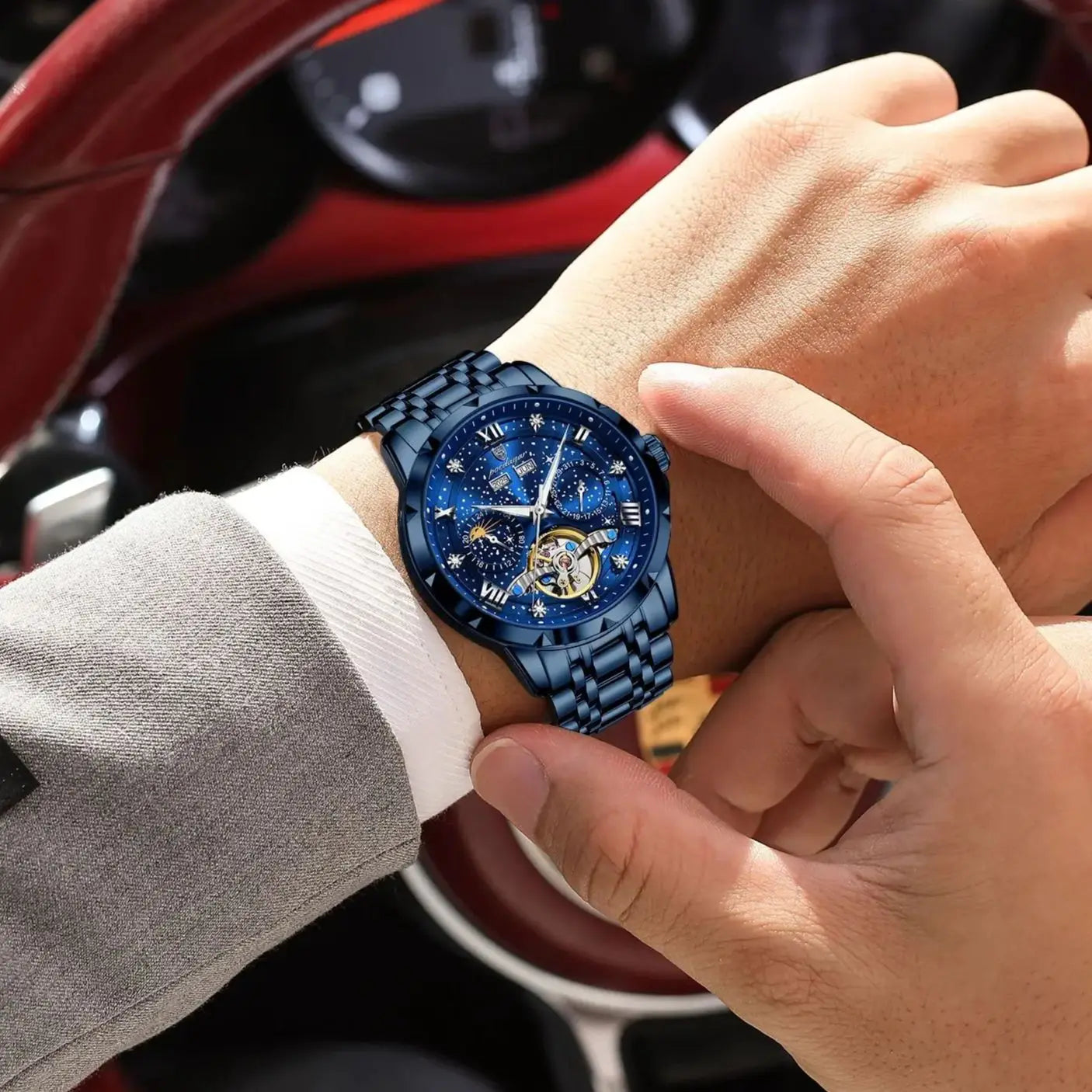 Automatic Skeleton Watch – Tourbillon Style with Roman Numeral Dial & Full Calendar