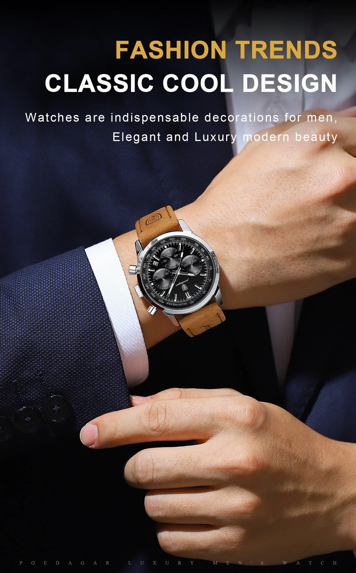 Chronograph Leather Watch – Full Calendar with Luminous Dial