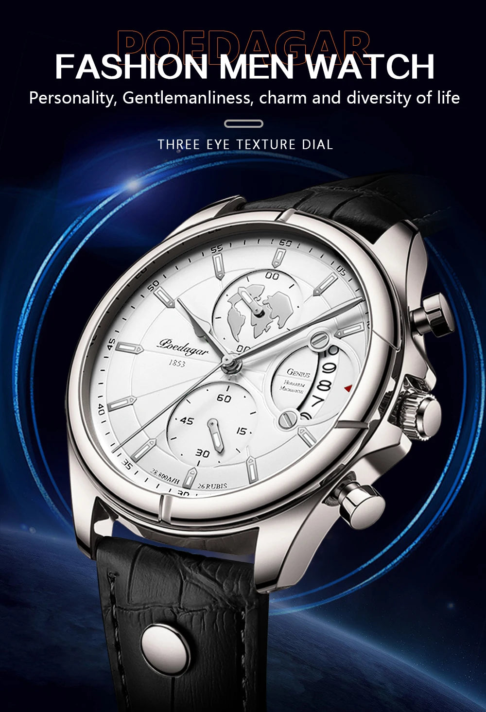 Chronograph Leather Watch – Full Calendar & Luminous Dial