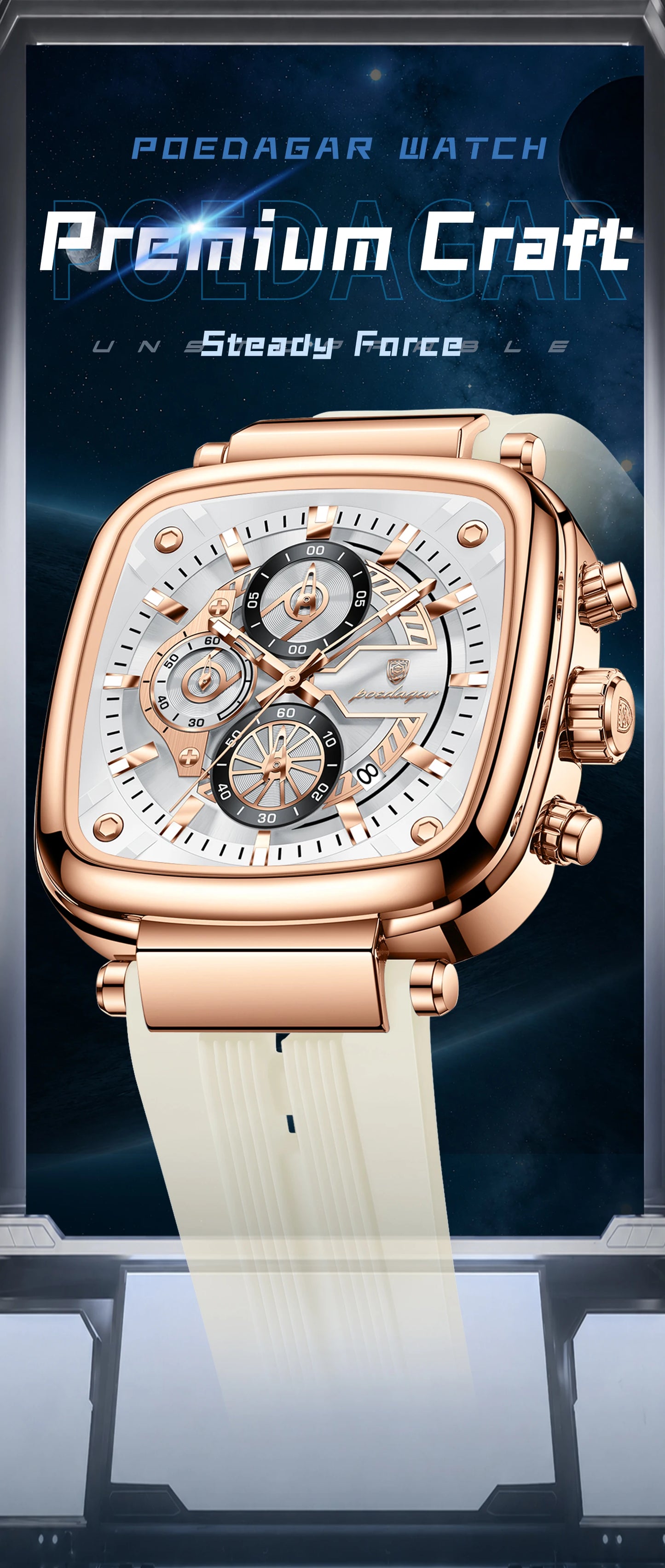 Square Chronograph Sport Watch – Luminous Dial with Silicone Strap & Date