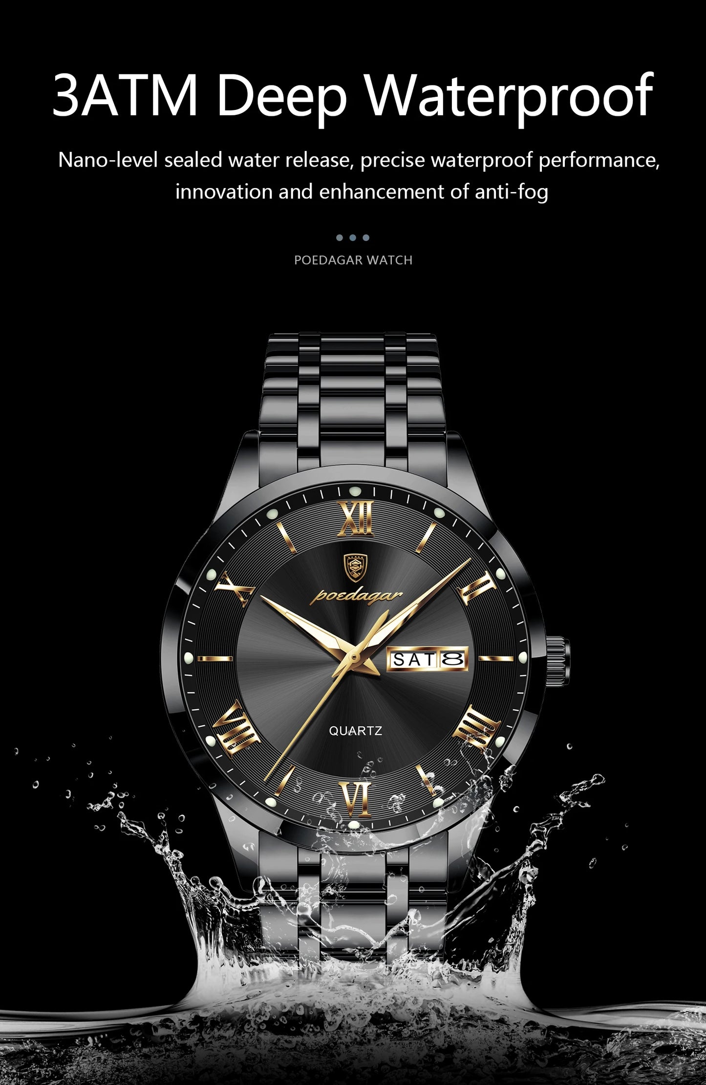 Full Calendar Stainless Steel Watch – Luminous Dial with Date, Week & Hidden Clasp