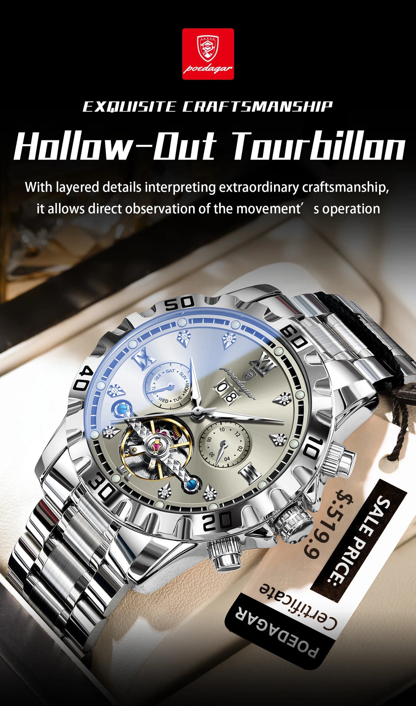 Automatic Tourbillon Style Watch – Sapphire Crystal with Week Display & Hidden Clasp