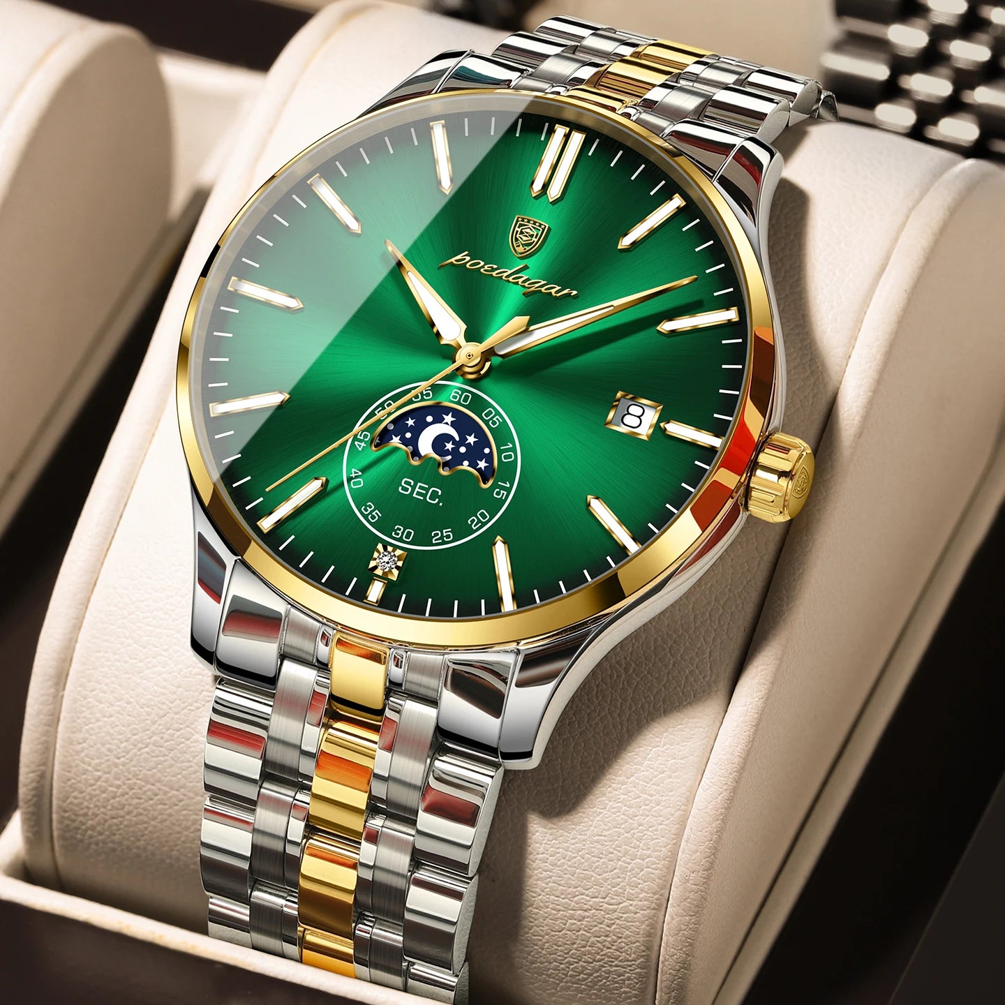 Round Business Chronograph – Slim Stainless Steel Watch with Luminous Hands & Date