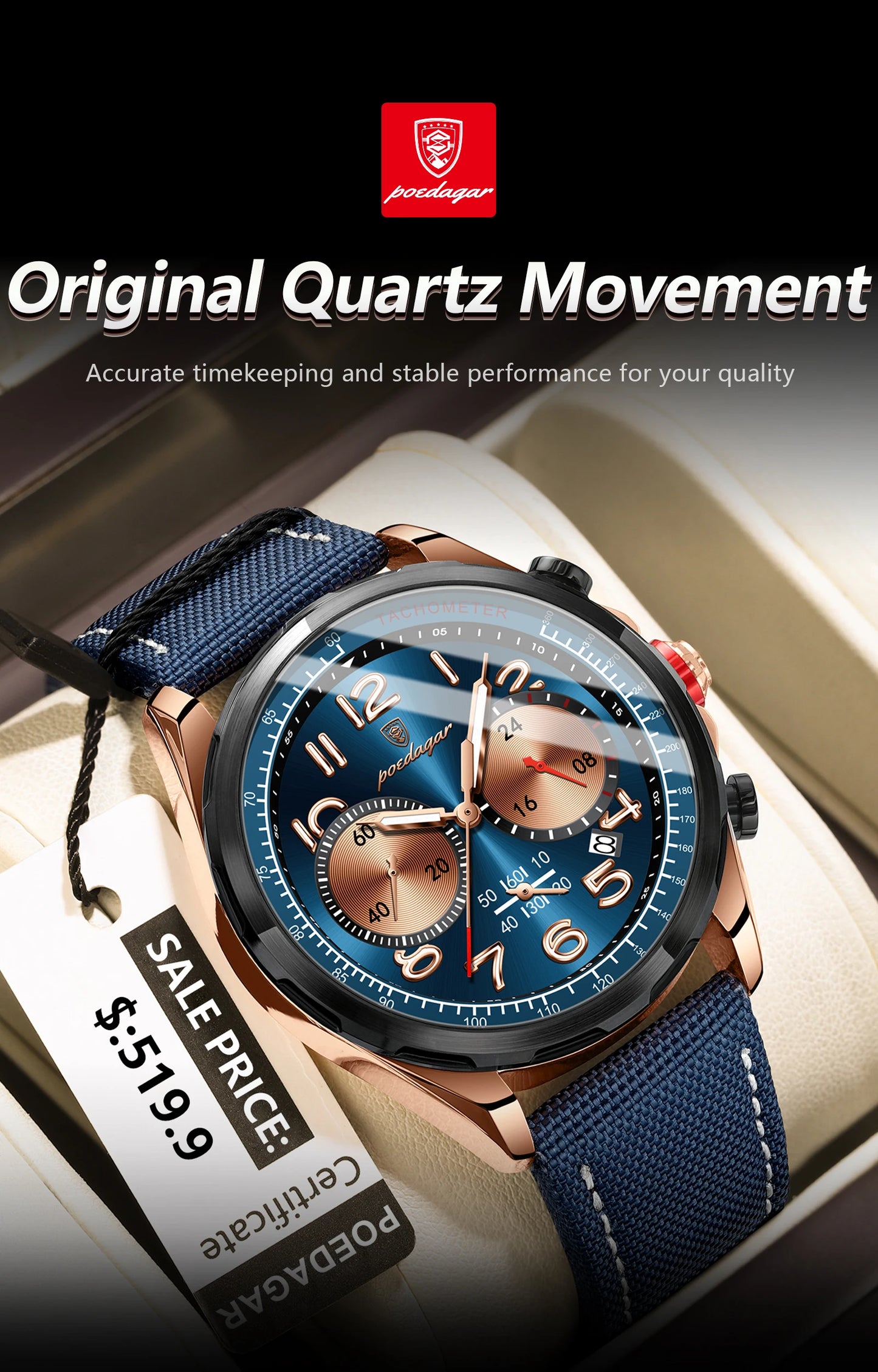 Chronograph Watch with Nylon Strap – Complete Calendar & Luminous Arabic Dial