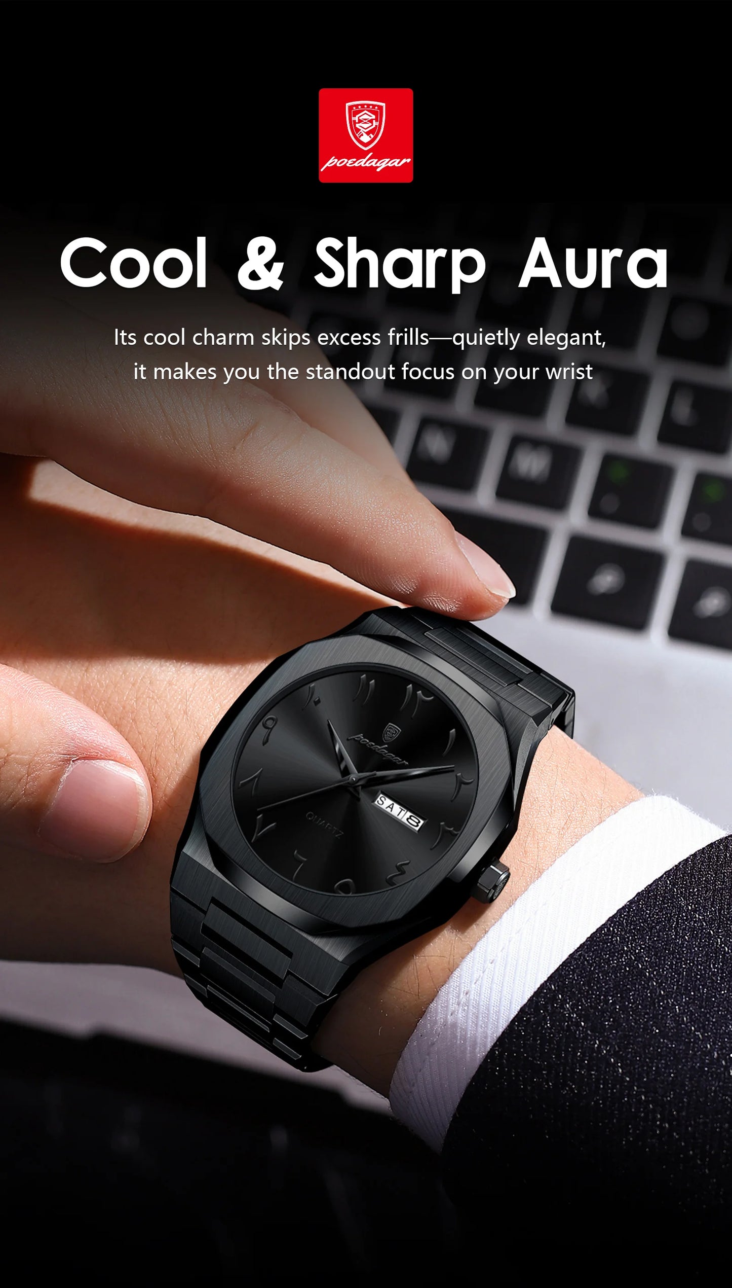Irregular Shape Stainless Steel Watch – Full Calendar with Date & Week Display