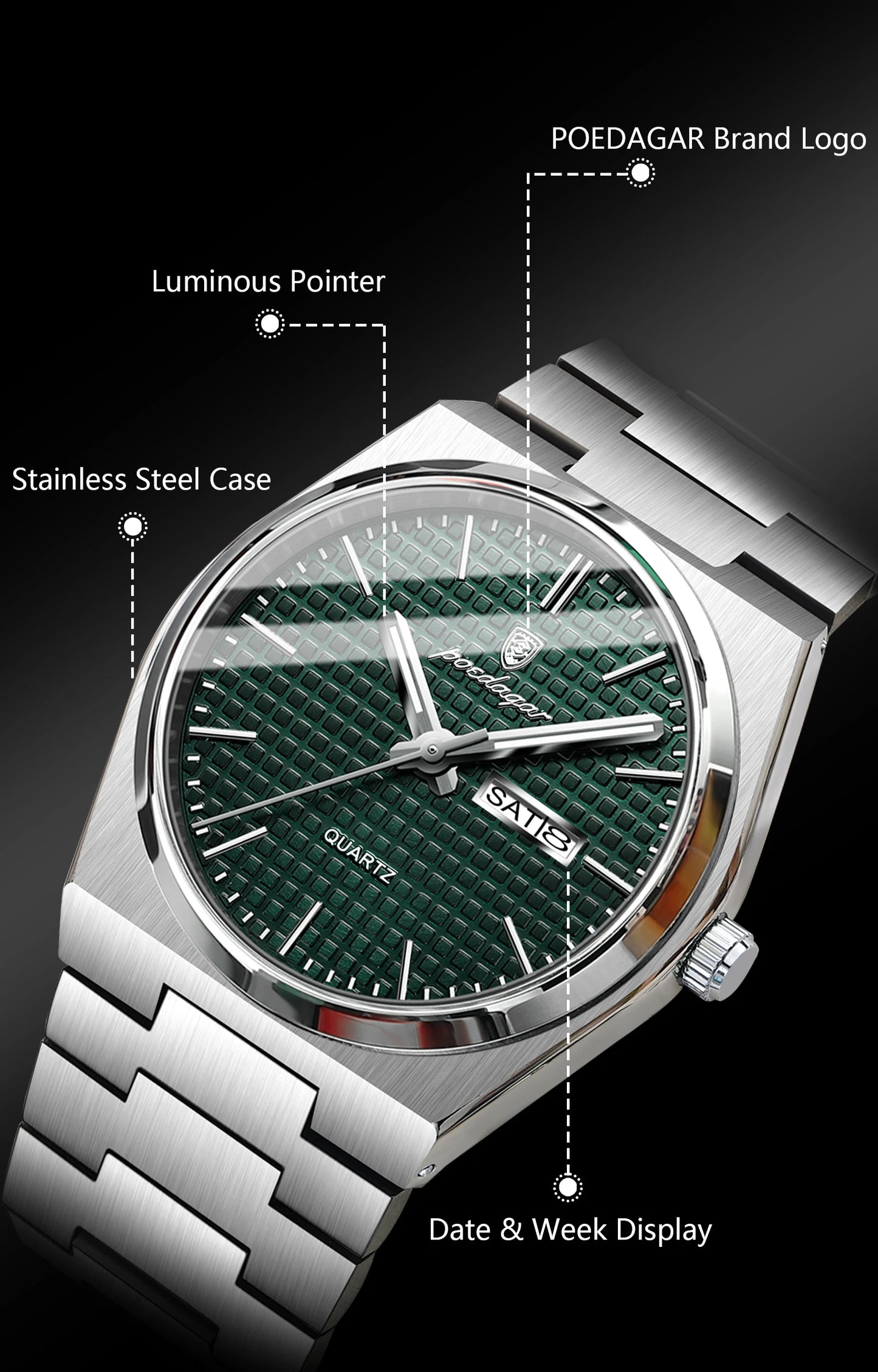 Full Calendar Stainless Steel Watch – Luminous Dial with Date, Week & Hidden Clasp