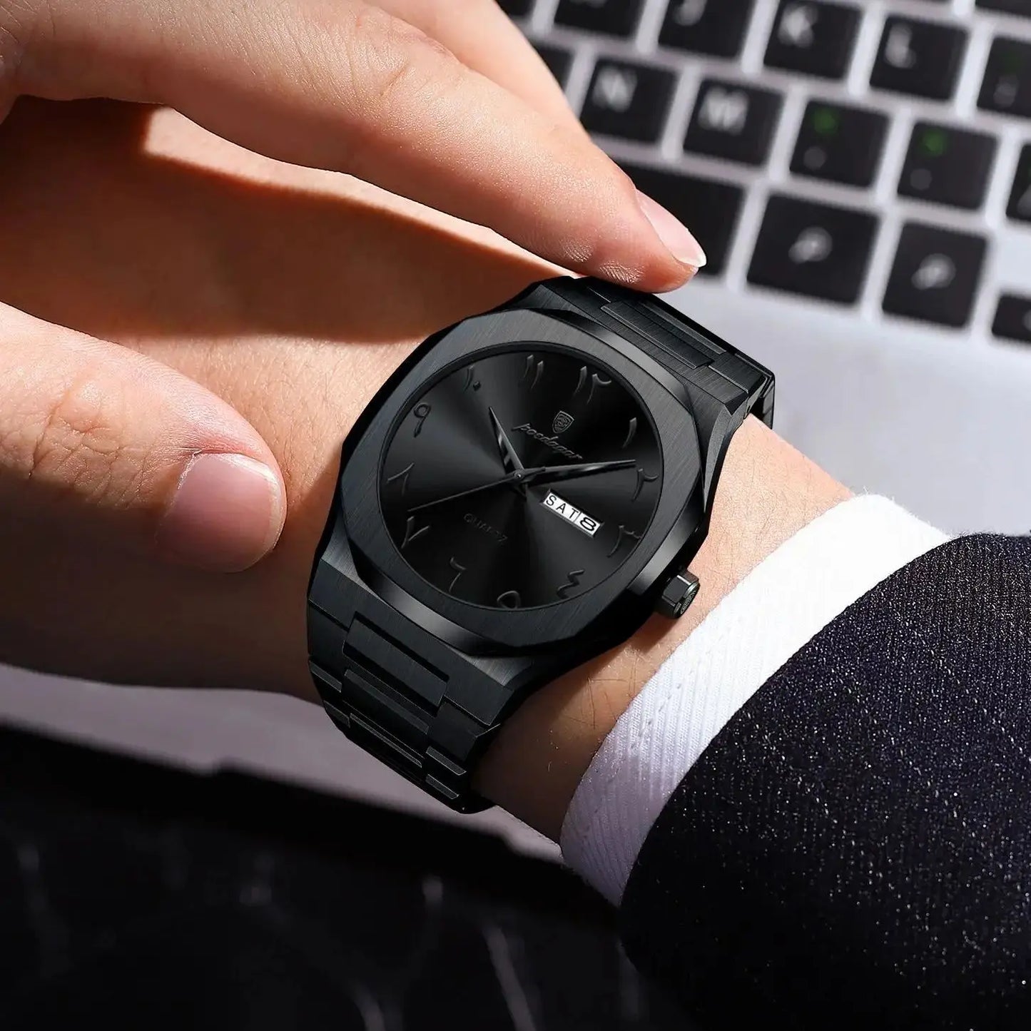 Irregular Shape Stainless Steel Watch – Full Calendar with Date & Week Display