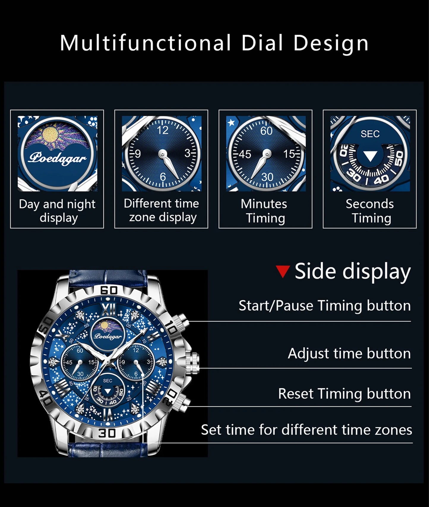 Chronograph Watch with Multiple Time Zone – Leather Strap & Sapphire Crystal