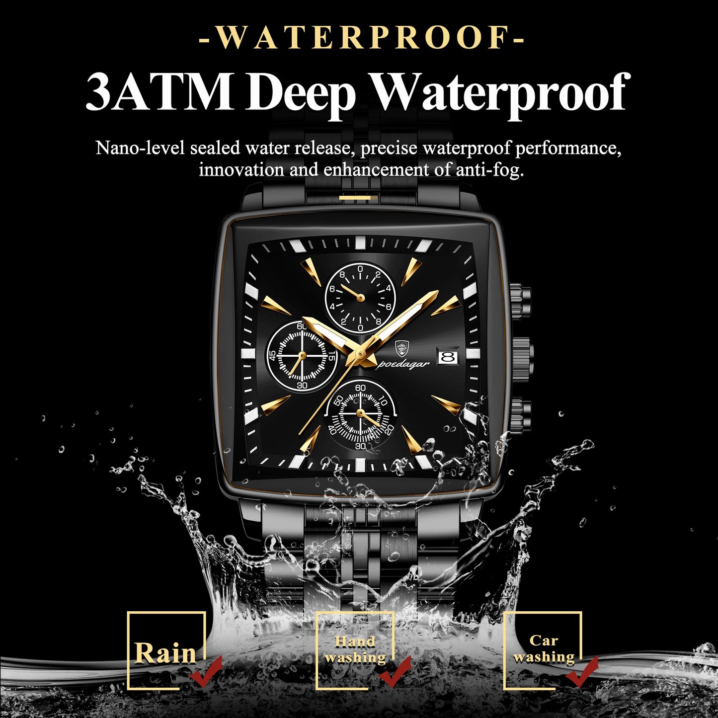 Square Chronograph Watch – Luminous Numberless Dial with Hidden Clasp Bracelet
