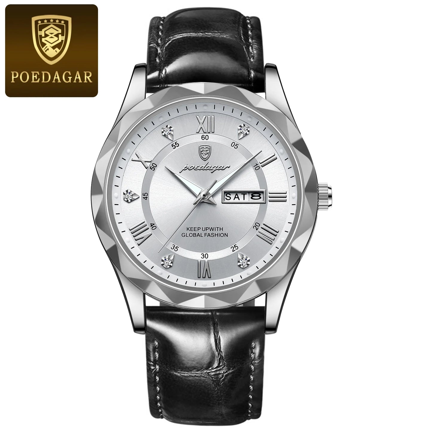 Roman Numeral Full Calendar Watch – Leather Strap with Date, Week & Luminous Dial